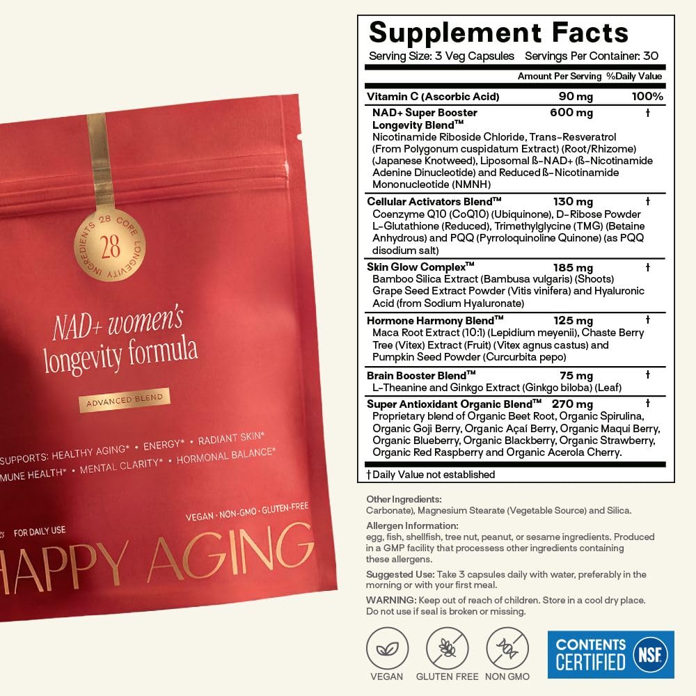 Happy Aging NAD+ Supplement for Women | NAD Booster with NMN, NMNH, NR, Resveratrol, CoQ10 – Supports Energy, Focus, Skin Glow & Daily Vitality, 30-Day Supply