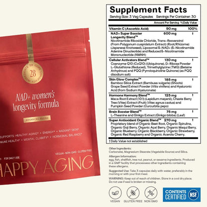 Happy Aging NAD+ Supplement for Women | NAD Booster with NMN, NMNH, NR, Resveratrol, CoQ10 – Supports Energy, Focus, Skin Glow & Daily Vitality, 30-Day Supply