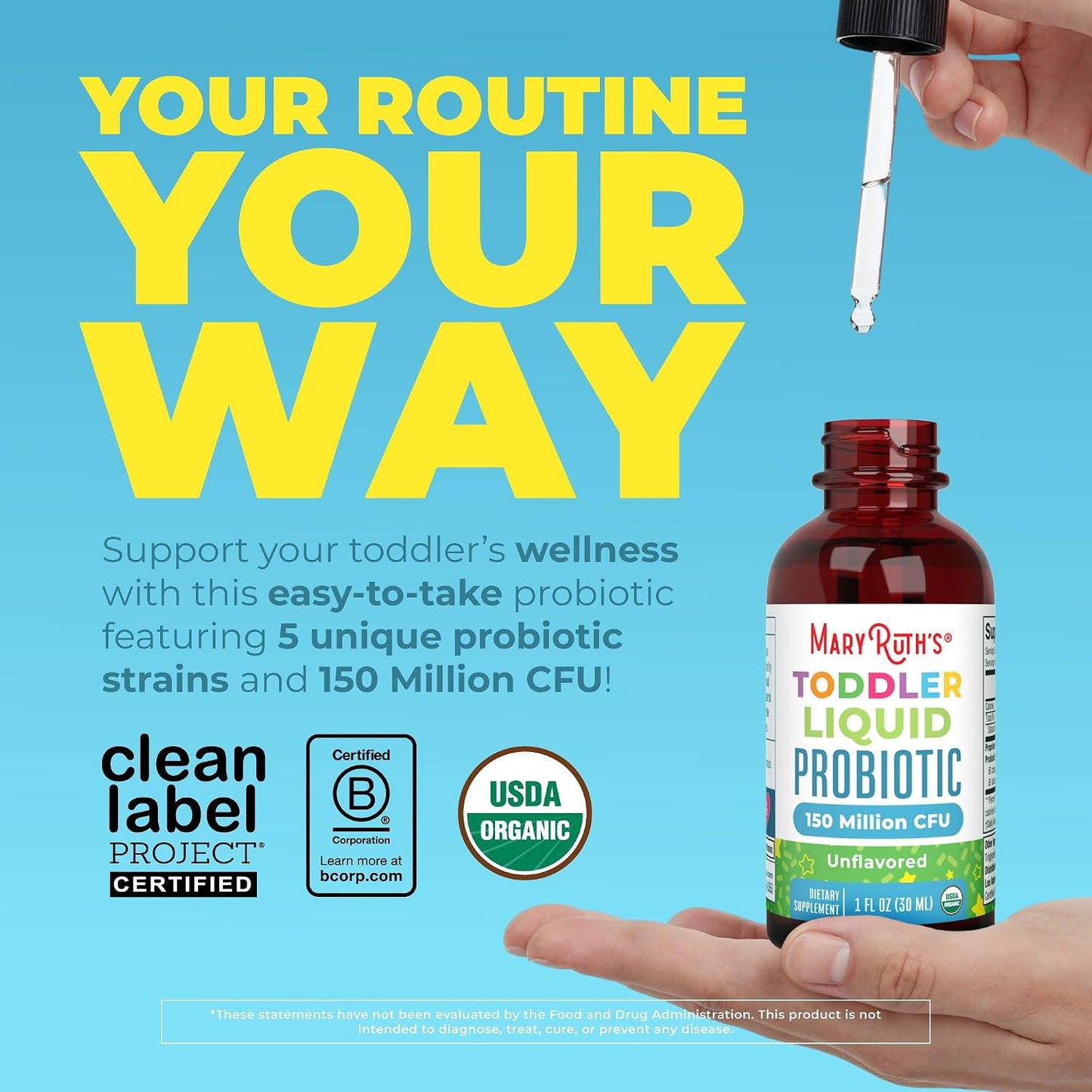 MaryRuth's Organic Toddler Probiotic Liquid Drops | Kids Probiotics for Ages 1-3 | 5 Probiotic Strains | 150 Million CFU Per Serving | USDA Organic | Sugar Free | Vegan | Gluten Free | 1 Fl O