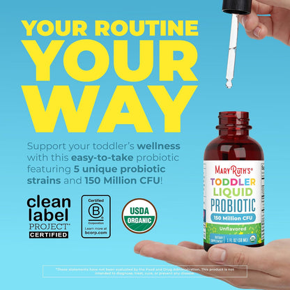 MaryRuth's Organic Toddler Probiotic Liquid Drops | Kids Probiotics for Ages 1-3 | 5 Probiotic Strains | 150 Million CFU Per Serving | USDA Organic | Sugar Free | Vegan | Gluten Free | 1 Fl O