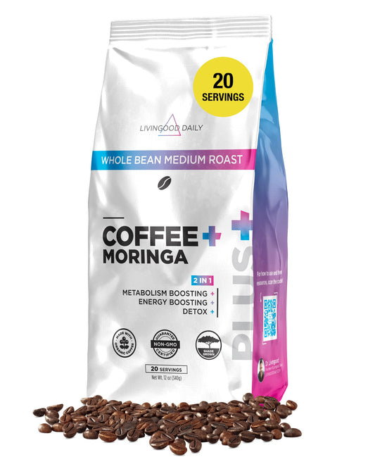 Livingood Daily Coffee with Moringa, Ground Medium Roast Coffee with Plant Based Ingredients for Morning Energy, Made with Moringa Powder, Organic, Non GMO, Vegan, Gluten Free, 20 Servings, 12 oz Bag