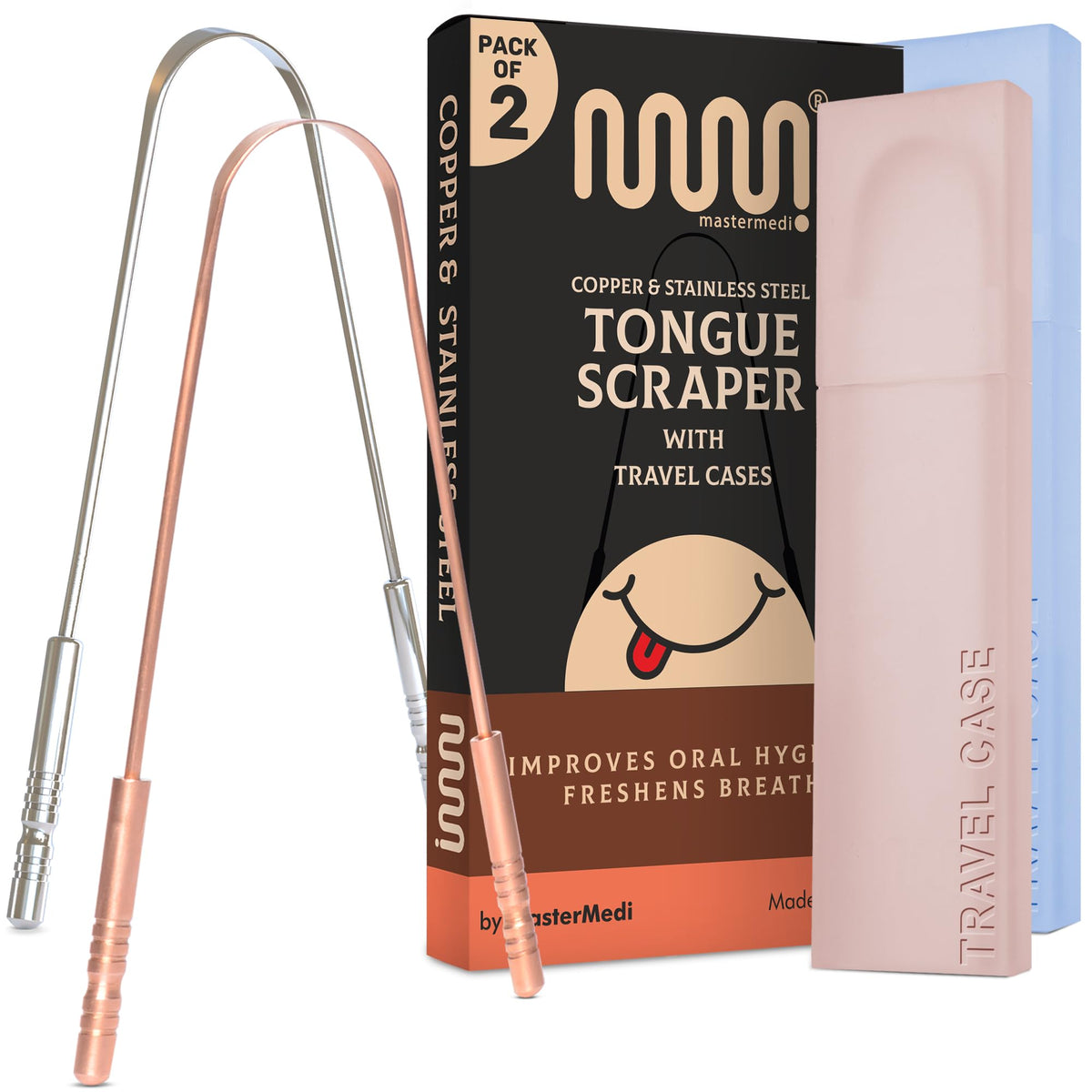 MasterMedi Tongue Scraper for Adults, 100% Stainless Steel Tongue Scrubber for Bad Breath, Easy to Use, Tongue Cleaner for Oral Care & Hygiene (SPTC-1|with Case)