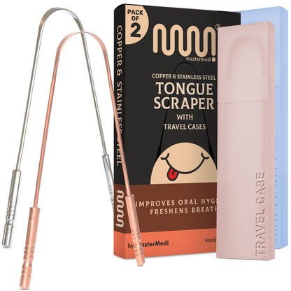 MasterMedi Tongue Scraper for Adults, 100% Stainless Steel Tongue Scrubber for Bad Breath, Easy to Use, Tongue Cleaner for Oral Care & Hygiene (SPTC-1|with Case)