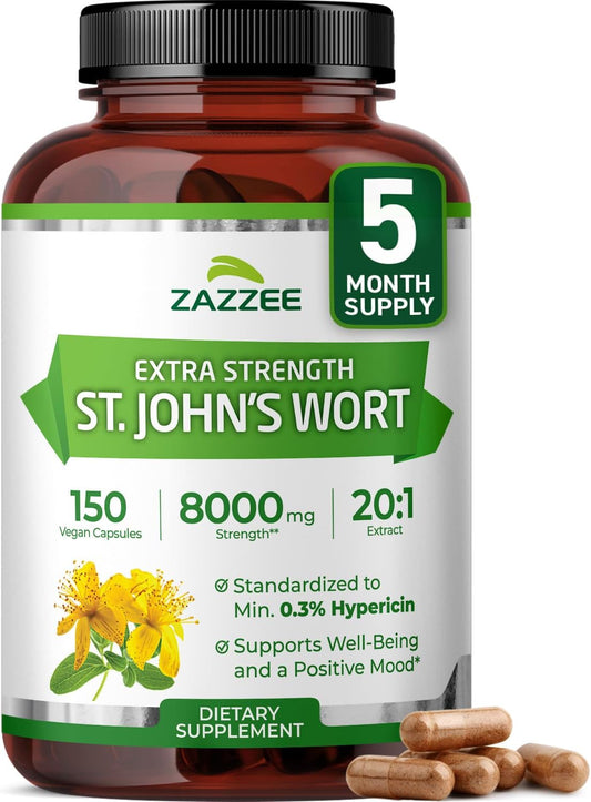 Zazzee Extra Strength St. John’s Wort 20:1 Extract, 0.3% Hypericin, 150 Vegan Capsules, 5 Month Supply, Hypericum Perforatum, Mood & Emotional Wellness Support, Herbal Supplement, Non-GMO, Made in USA