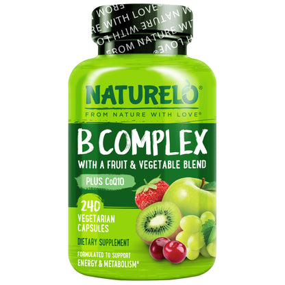 NATURELO Vitamin B Complex,120 Capsules, Vegan, CoQ10, Methyl Folate, Biotin, Fruit & Veg Blend, Supports Energy and Healthy Stress Response, Super B Complex Vitamins for Women and Men