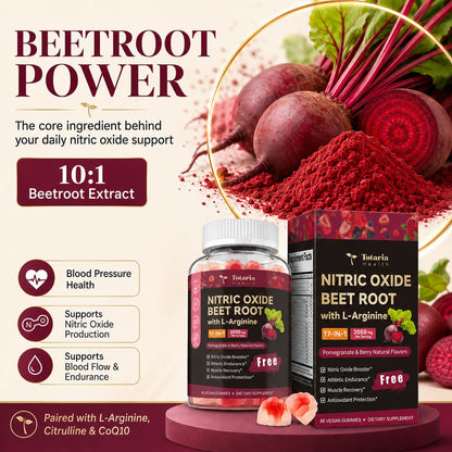 Totaria Beet Root Gummies - Blood Pressure & Cardiovascular Support, Beetroot Supplement with Grape Seed, Pomegranate - Nitric Oxide Gummies for Heart Health, Circulation, Vegan, Non-GMO, Sugar Free