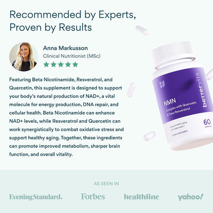 Bettervits NMN Supplement with Quercetin Powder| NAD+ Resveratrol Support Formula for Cells Regeneration, Energy and Anti-Aging Support | NAD Supplements for Women & Men - 60 Capsules