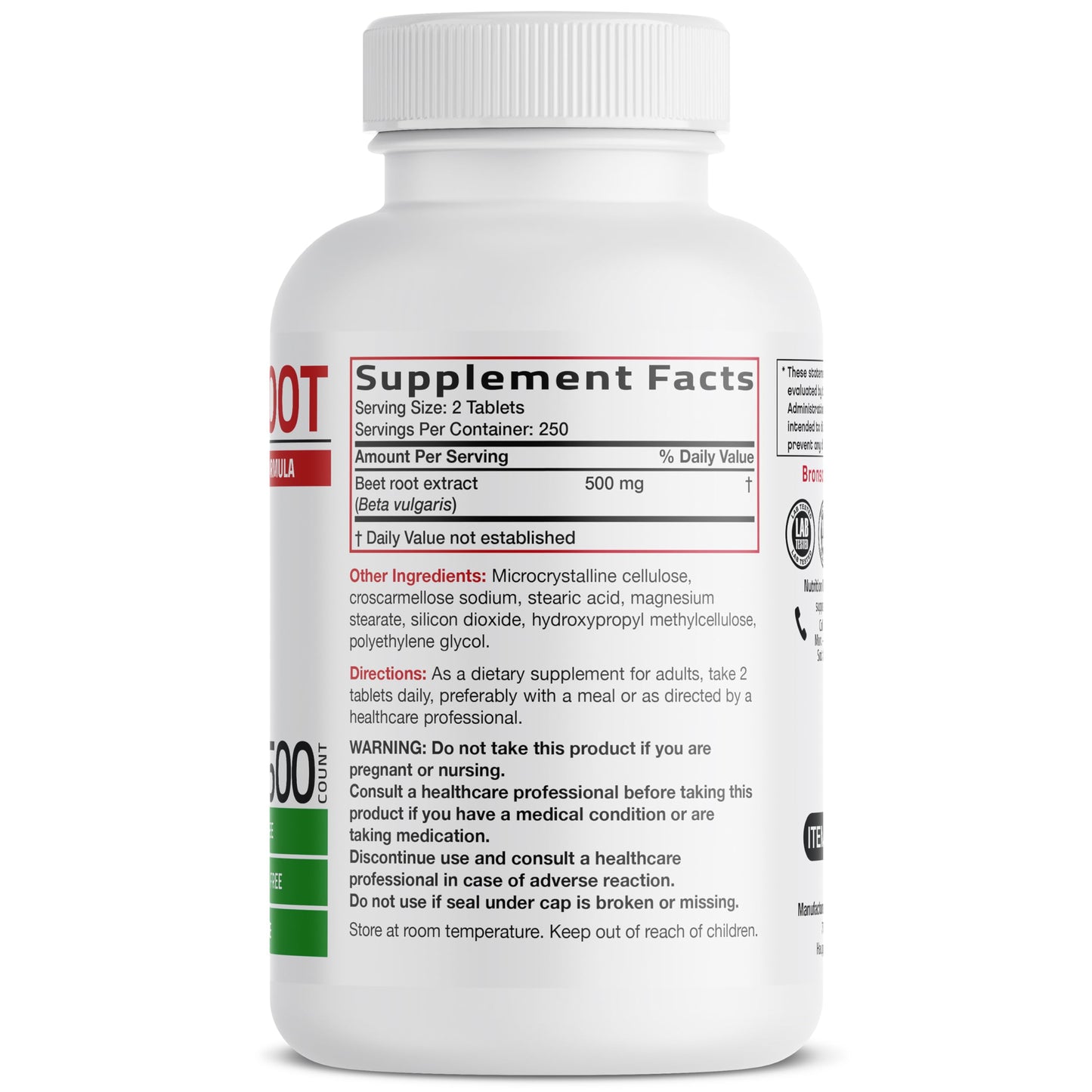 Bronson Beet Root Extra Strength, Non-GMO, 250 Vegetarian Tablets | Gluten-Free, Soy-Free, GMO-Free, Easy To Swallow
