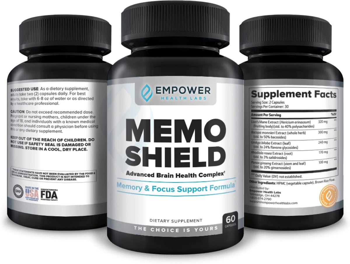 MemoShield Brain Health Supplement – Advanced Memory Support with Lion's Mane, Bacopa Monnieri, and Ginkgo Biloba – Cognitive Function and Brain Health Formula – 60 Capsules