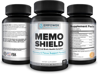 MemoShield Brain Health Supplement – Advanced Memory Support with Lion's Mane, Bacopa Monnieri, and Ginkgo Biloba – Cognitive Function and Brain Health Formula – 60 Capsules