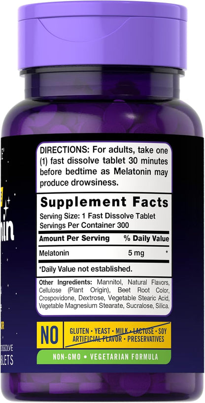 Carlyle Melatonin 5 mg Fast Dissolve 300 Tablets | Berry Flavor | Vegetarian, Non-GMO Supplement