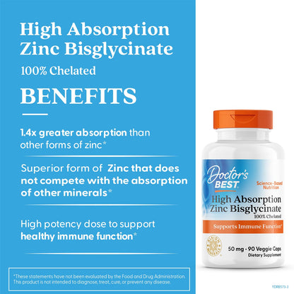 Doctor's Best High Absorption Zinc Bisglycinate 50mg High Potency Supporting Enhancing Immune System Antioxidant VC, 90 Count