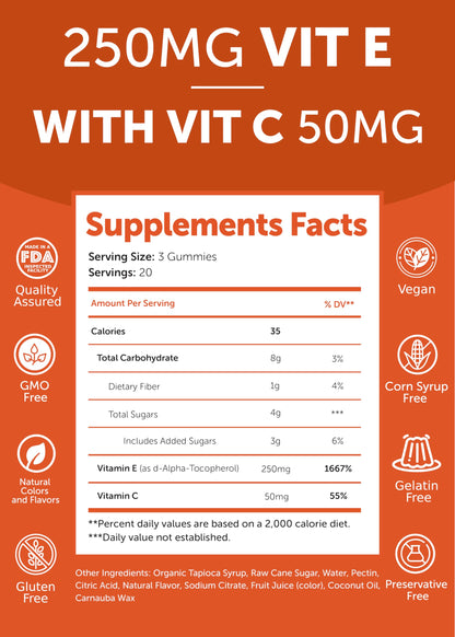 Lunakai USA Made Vitamin E 400 IU Gummies with Vitamin C 50mg, for Eye, Immune & Skin Support - d-Alpha-Tocopherol for Adults, Women & Men, Non-GMO Vegan, 60 Daily VIT E Gummies