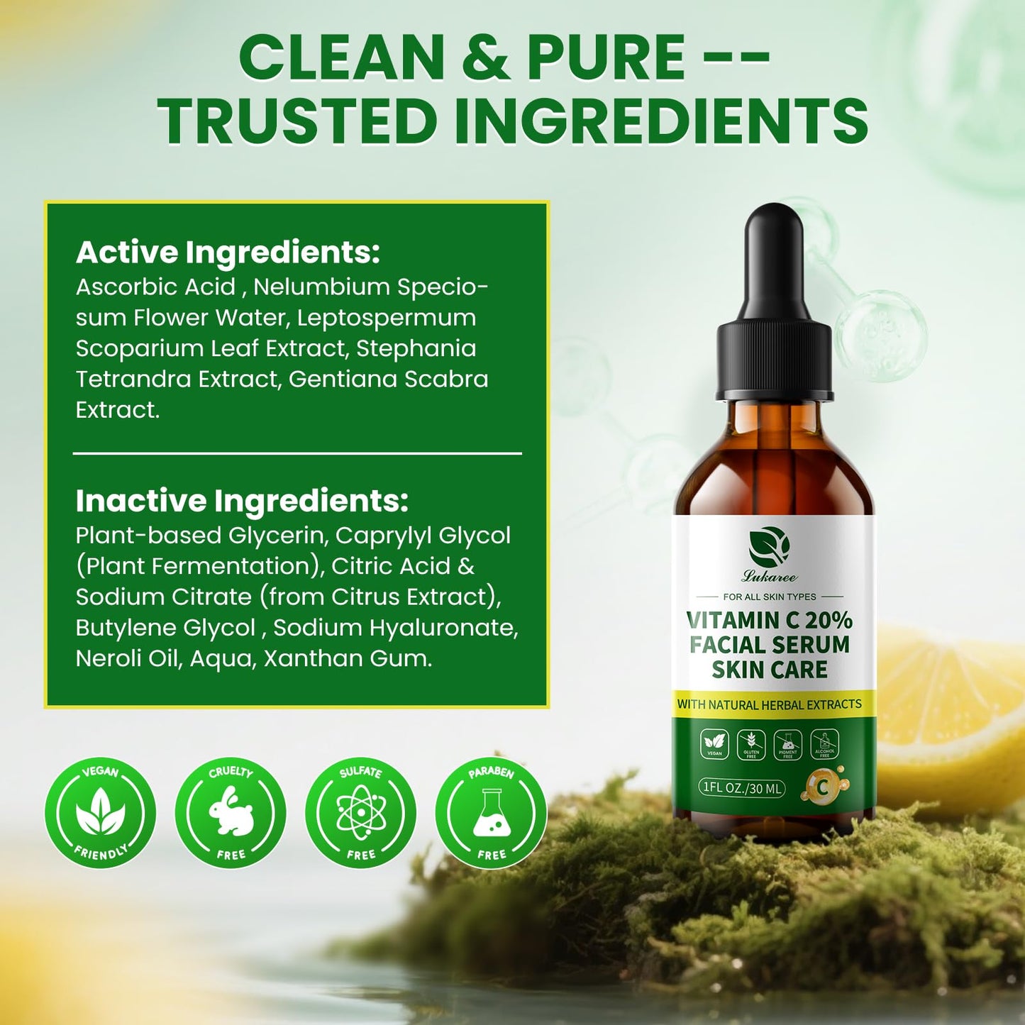Lukaree Vitamin C Serum for Face, Dark Spots, Fine Lines & Support Collagen | Vitamin C Serum 20% Brightening Face Serum with Sodium Hyaluronate - All Skin Types, Plus Vit C Caps, 1 Fl Oz + 60 Caps