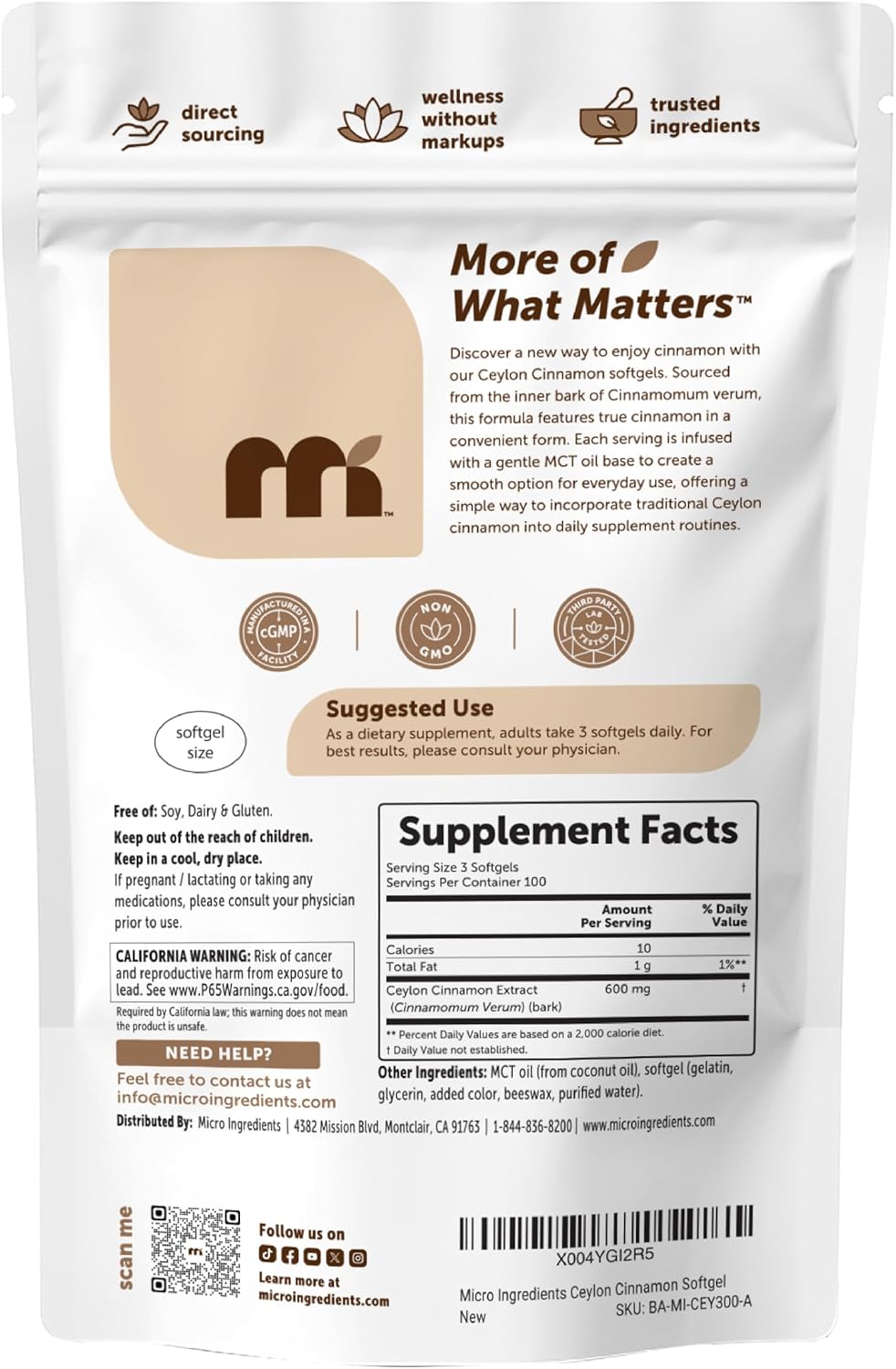 Micro Ingredients Ceylon Cinnamon, 300 Softgels | Cinnamon Supplements with MCT Oil | Non-GMO, Gluten Free