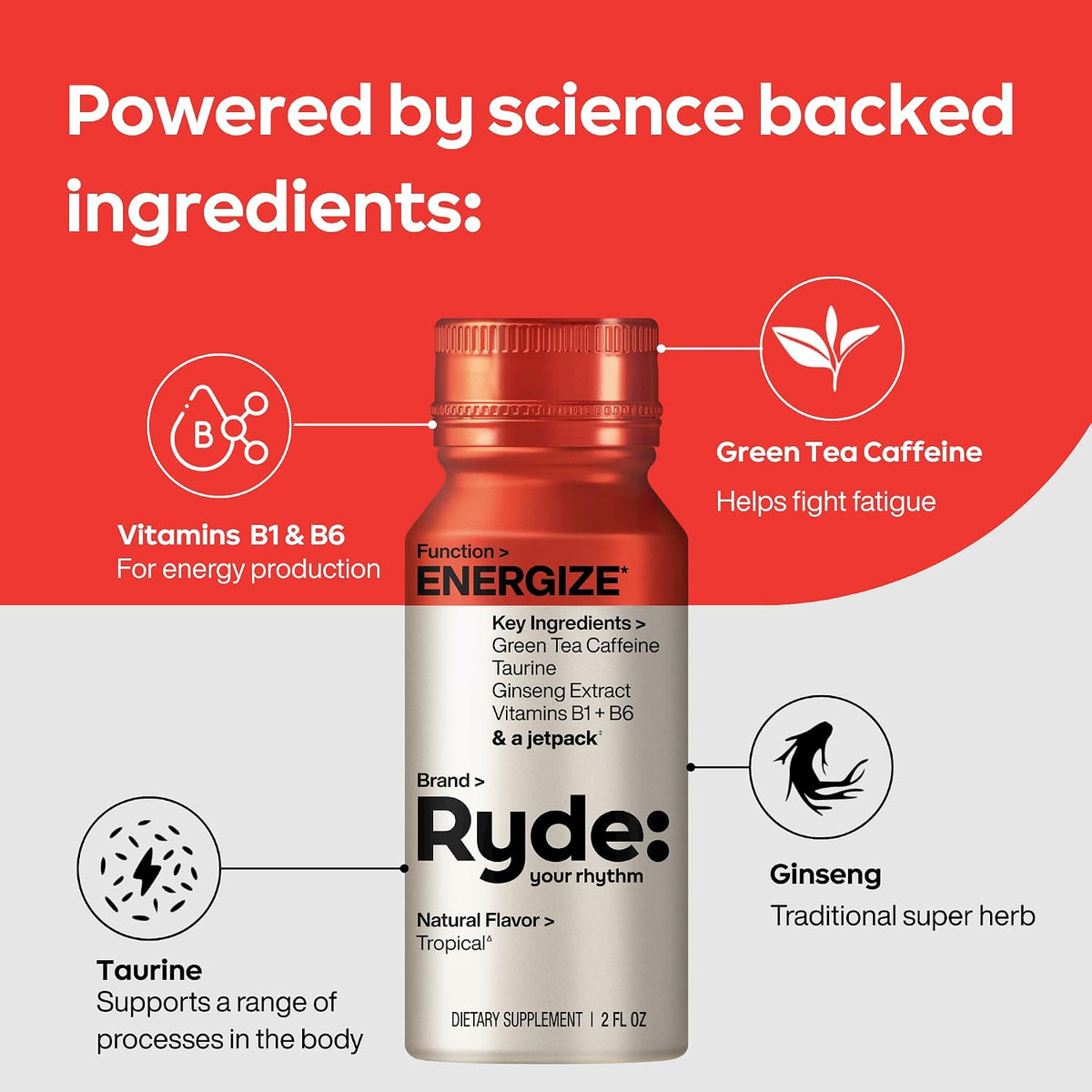 RYDE Shots, Energize + Relax, Essential B Vitamins, Ginseng, Chamomile and Caffeine, Zero Calories, Zero Sugar, Pack of 16
