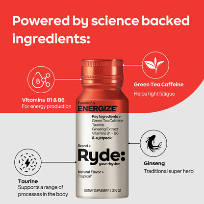 RYDE Energize Energy Shot, Tropical Flavor, Zero Sugar, 2 fl oz, 8 Pack