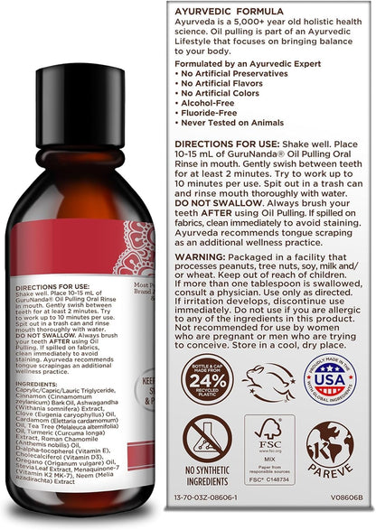 GuruNanda Cinnamon Oil Pulling Mouthwash with Neem & Ashwagandha, 16oz