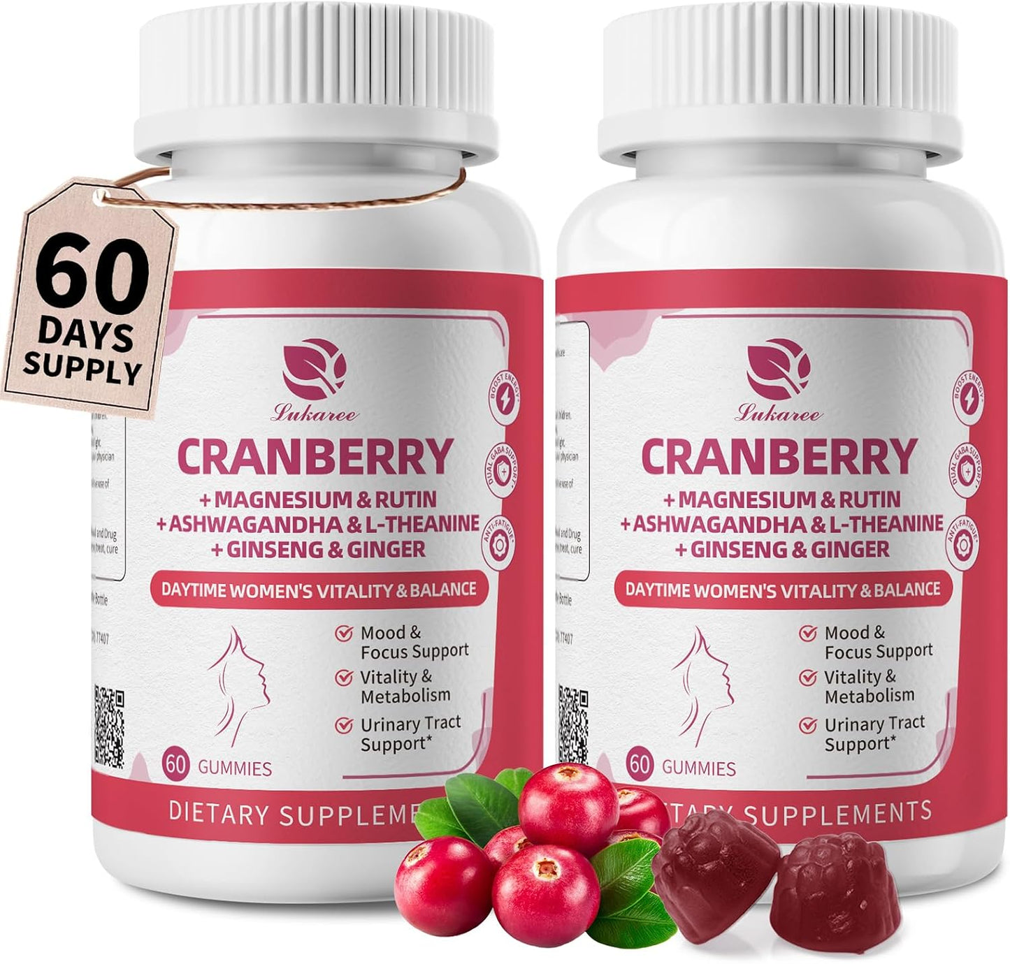 2 Pack Cranberry Gummies -Urinary Tract Health and Kidney Cleanse | High Absorption Formula with Ashwagandha, Selenium 363% DV, Ginseng&VB for Daily Antioxidant &Vitality Support-120 Gummies