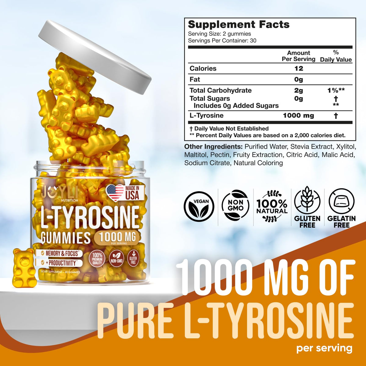Joyli L Tyrosine Gummies 1000MG - L-Tyrosine Supplement for Kids & Adults