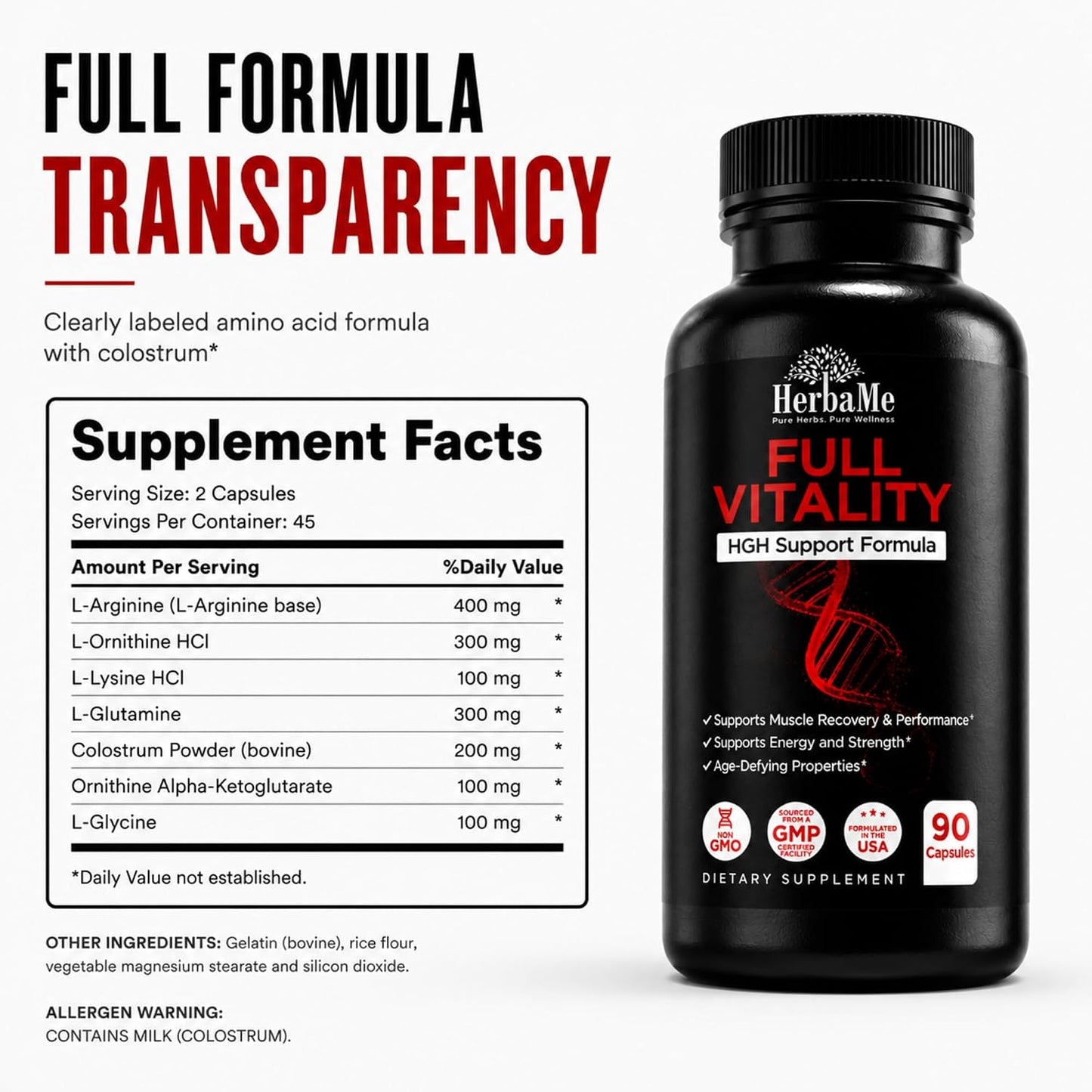 HerbaMe HGH Support Supplement for Men & Women, 90 Capsules – Naturally Supports Human Growth Hormone, Amino Acid Complex with Arginine & Colostrum – Supports Nighttime Recovery, Energy & Performance