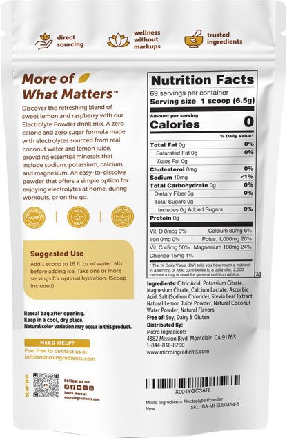 Micro Ingredients Electrolytes Powder, 2lbs (139 Servings) | Sugar Free | Lemon Raspberry Flavor | High Potassium (1,000mg) + Coconut Water & Real Lemon Juice | Keto Friendly, Non-GMO