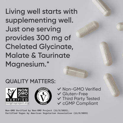 Sports Research® Chelated Triple Magnesium Complex with Glycinate, Taurinate & Malate (Chelamax®) for Enhanced Bioavailability* - 300 mg per Serving, Non-GMO, Certified Vegan, 120 Veggie Capsules