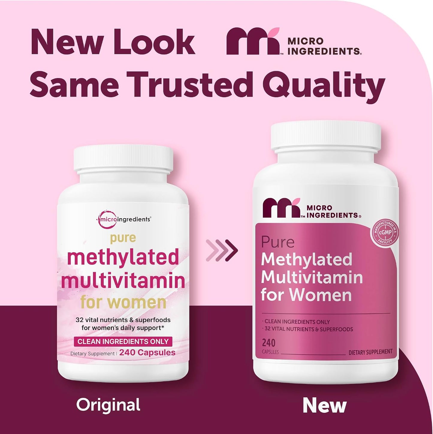 Micro Ingredients Pure Methylated Multivitamin for Women, 240 Capsules | 32-in-1 Formula with Vitamin B, C, D + Iron, Methylfolate & More | Supports Women 's Daily Wellness | Filler Free, Non-GMO