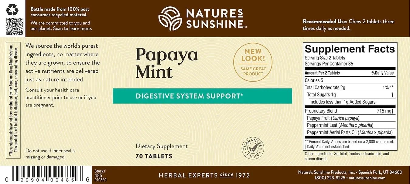 Nature's Sunshine Papaya Mint Chewable Tablets | Digestive Enzyme Supplement with Papain & Peppermint | Supports Digestion & Fresh Breath | 70 Ct
