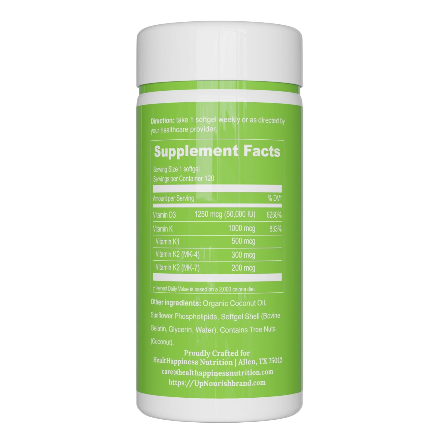 UpNourish Liposomal D3 K2 MK-7 – 365 Mini softgels with Organic Coconut Oil - 5000 IU 125 mcg Vitamin D3 and 100 mcg Vitamin k2 for Optimal Bone and Immune Health