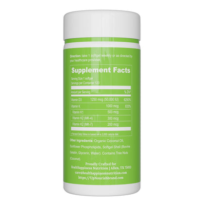 UpNourish Liposomal D3 K2 MK-7 – 365 Mini softgels with Organic Coconut Oil - 5000 IU 125 mcg Vitamin D3 and 100 mcg Vitamin k2 for Optimal Bone and Immune Health