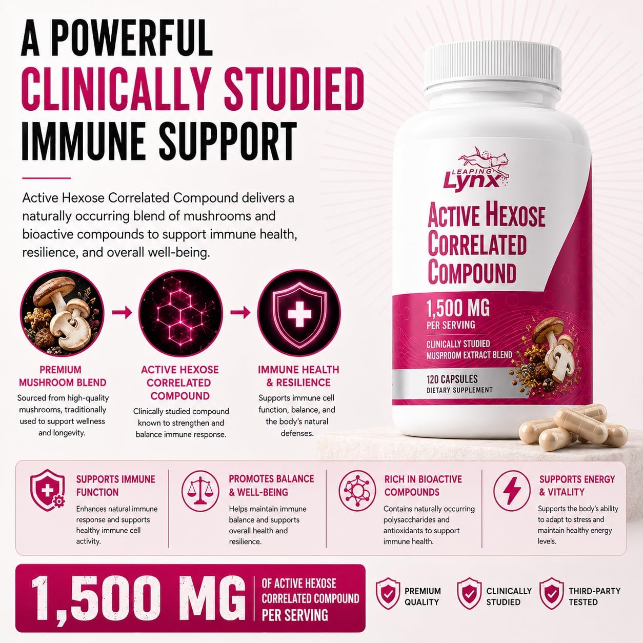 Active Hexose Correlated Compound 1500 mg, Clinically Studied Mushroom Extract for Immune System Support & Cellular Defense | 120 Capsules (40-Day Supply) | Non-GMO, Shiitake, Lion's Mane, Turkey Tail