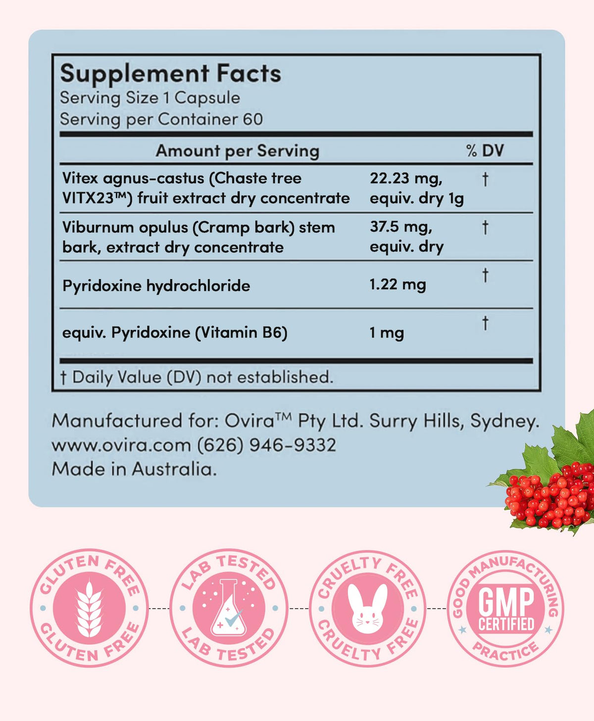 Ovira PMS Supplement for Women | Vitex Berry Extract for Period Cramps, Mood Support and Breast Tenderness