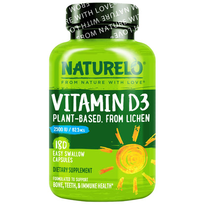 NATURELO Vitamin D - 2500 IU - Plant Based from Lichen - Natural D3 Supplement for Immune System, Bone Support, Joint Health - Vegan - Non-GMO - Gluten Free - 180 Capsules