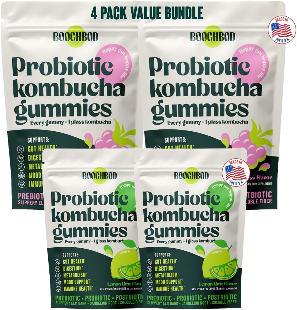 BoochBod - Probiotic Kombucha Gummy - Prebiotics, Probiotics, Postbiotics, Fiber Supplement, Slippery Elm, Dandelion Root, for Bloating, Gut Health - for Women and Men - 4X Bundle & Save