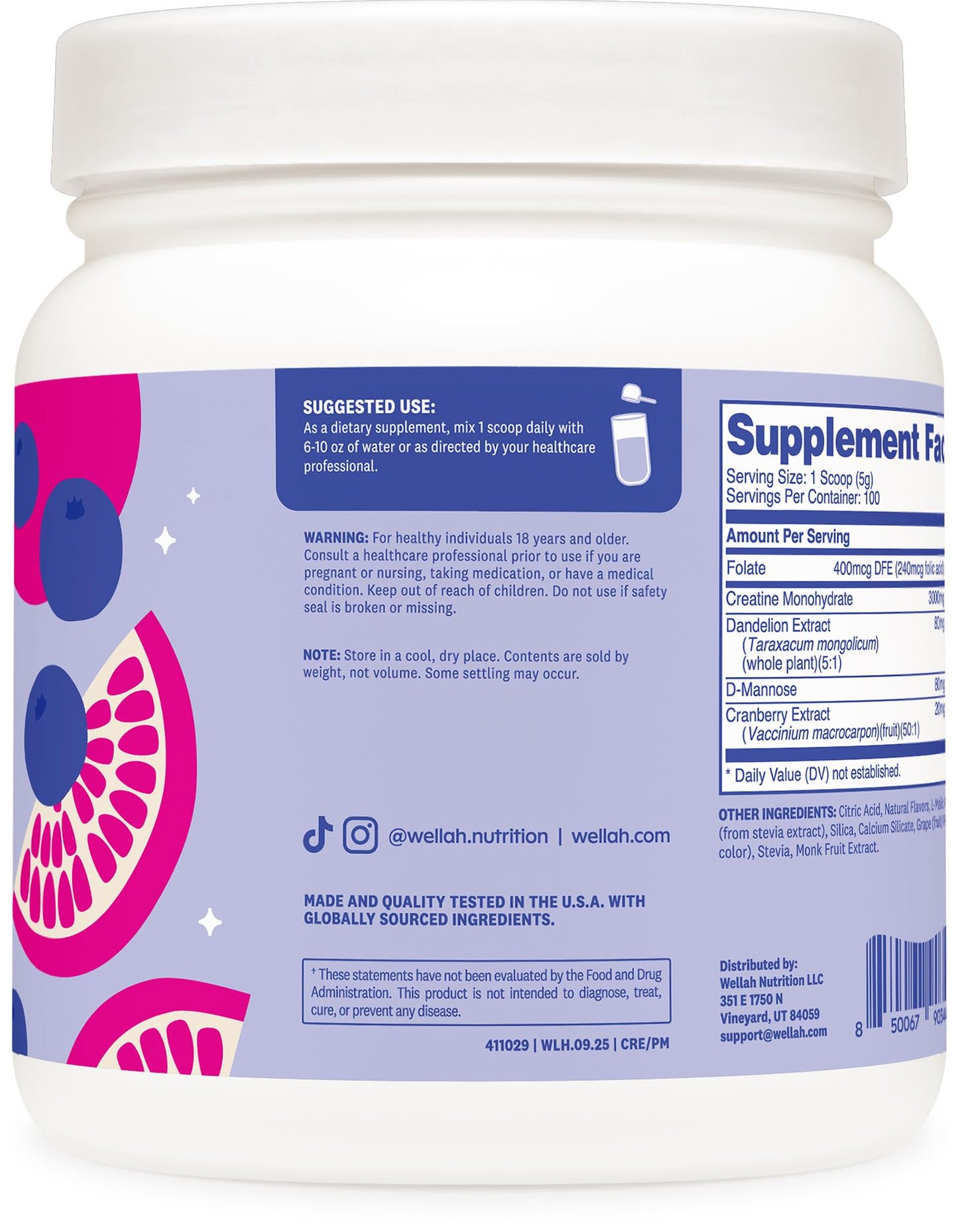 Wellah Creatine for Women - Creatine Monohydrate with Dandelion & Cranberry Extract (50 Servings, Strawberry Lemonade) | Creatine Monohydrate with Dandelion & Cranberry Extract