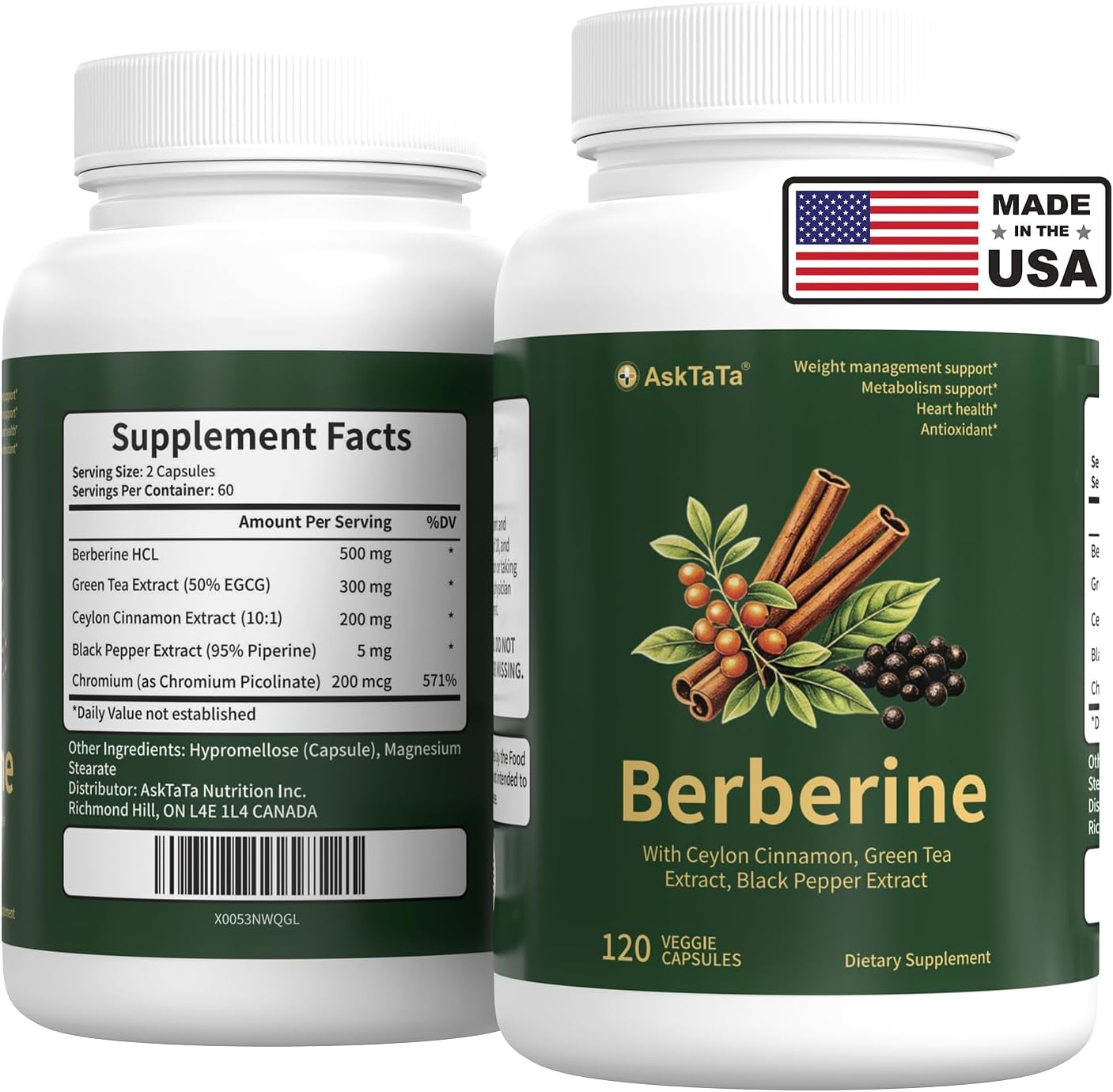 Berberine Complex Supplement with Ceylon Cinnamon,Green Tea Extract,Black Pepper Extract,Chromium Picolinate,Natural Herbal Complex,120 Capsules