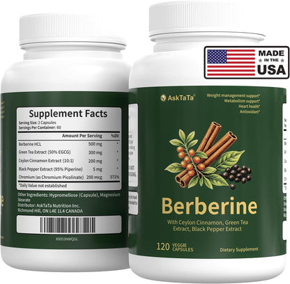 Berberine Complex Supplement with Ceylon Cinnamon,Green Tea Extract,Black Pepper Extract,Chromium Picolinate,Natural Herbal Complex,120 Capsules