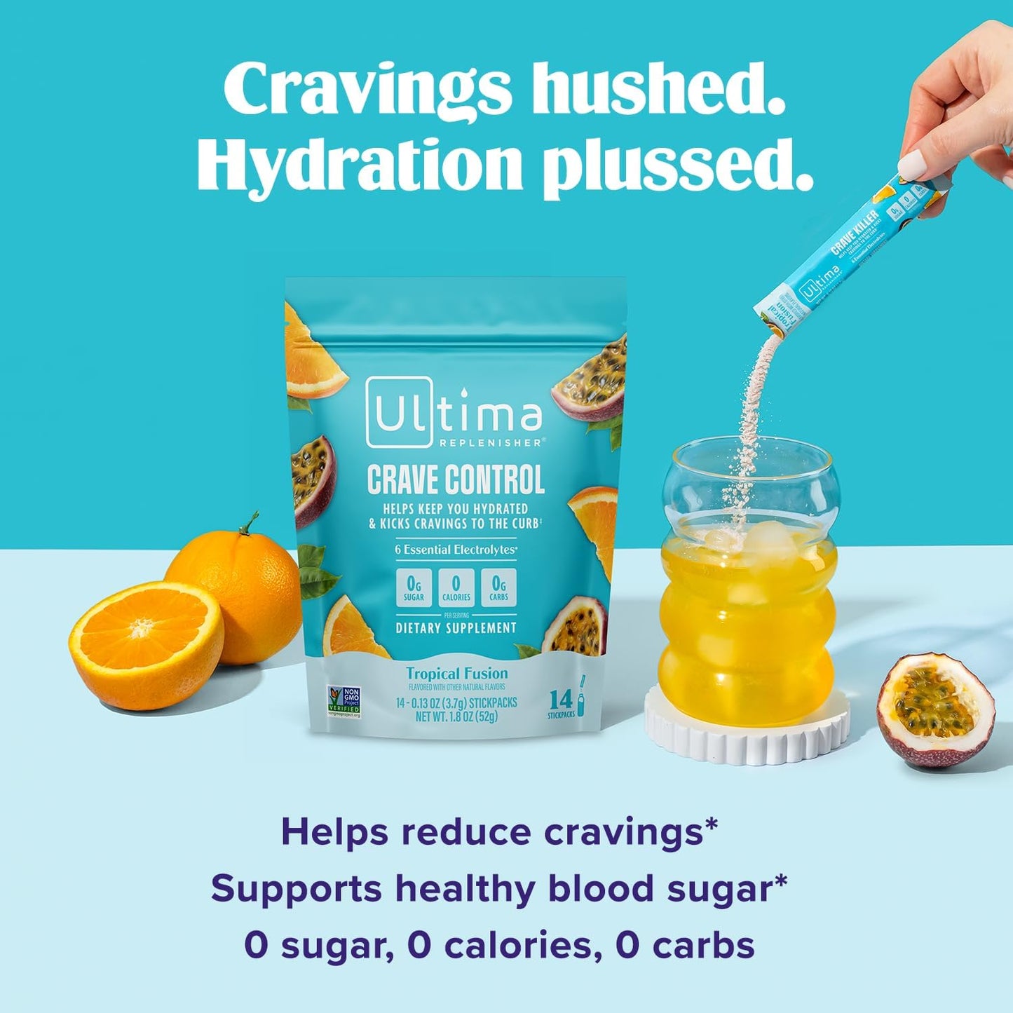 Ultima Replenisher Crave Control Supplement, Tropical Fusion, 14 Stickpacks | Daily Zero Sugar Electrolyte Powder Hydration Packets with 6 Key Electrolytes & Chromax to Help Curb Cravings - Keto Friendly