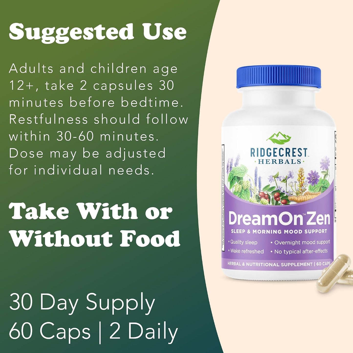 RidgeCrest Herbals DreamOn Zen Sleep Support, Melatonin Free 60 Ct | 30 Servings, Magnesium, 5-HTP, Lavender, Chamomile, Valerian, Lemon Balm, Calm and Rest Support for Ages 12 and Up