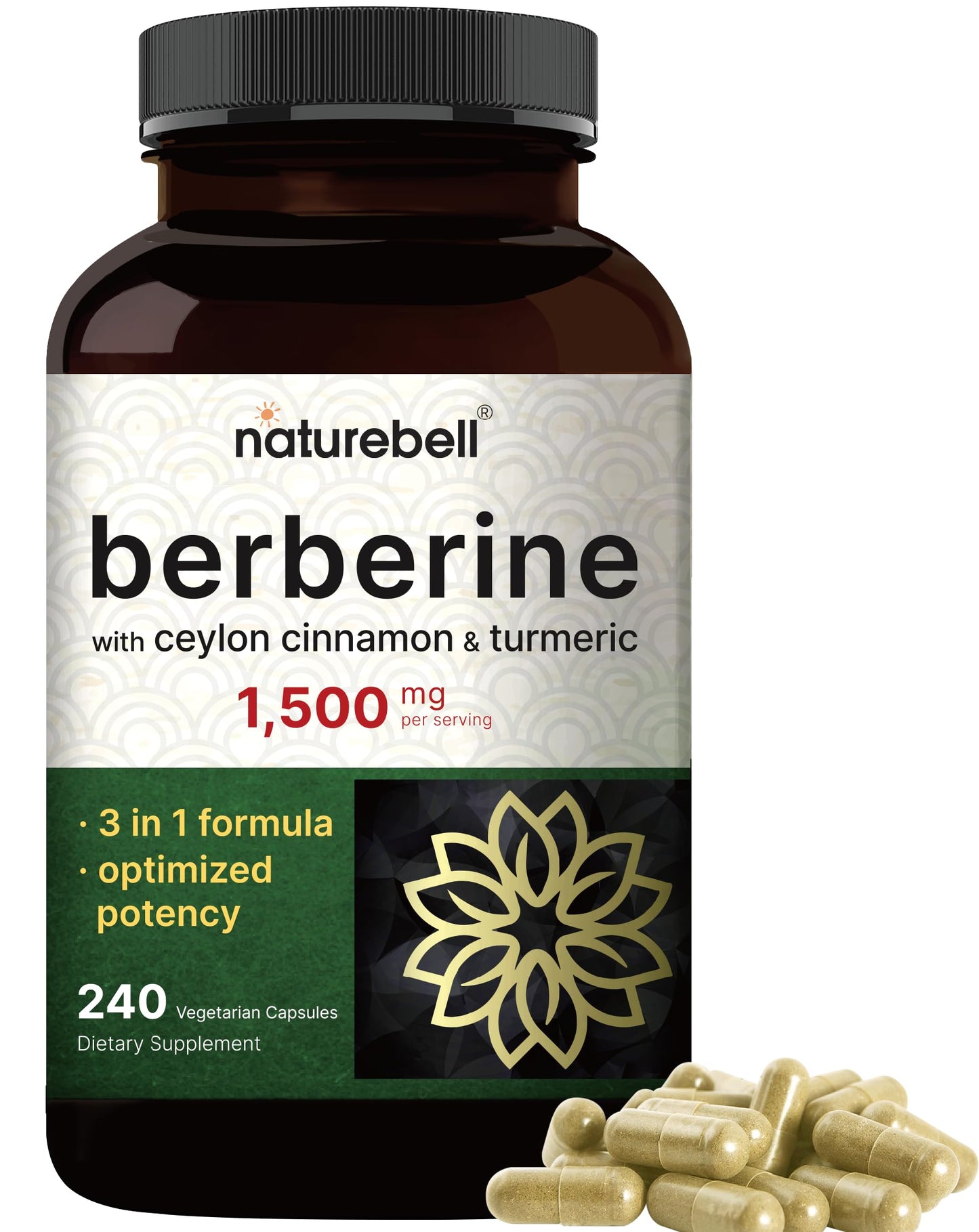 NatureBell Berberine Supplement 1,500mg with Ceylon Cinnamon & Turmeric Root, 240 Veggie Capsules | 97% Pure Berberine HCL | Supports Balanced Sugar Levels & Heart Health | Vegan, Non-GMO