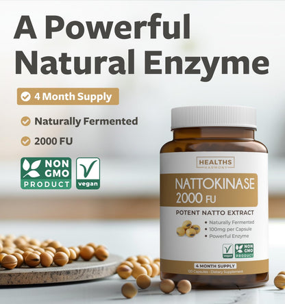 Healths Harmony Nattokinase 2000 FU (Non-GMO) Powerful Nattokinase Supplement Made from Naturally Fermented Soybeans - (4 Month Supply) 120 Vegan Natto Capsules