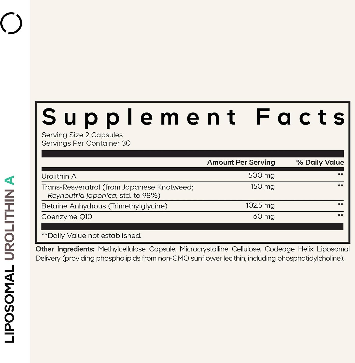Codeage Liposomal Urolithin A Supplement 500mg Per Serving + Resveratrol, Betaine, CoQ10, Ellagitannins - A New Frontier Beyond NADH, NMN, NAD, NR, and PQQ Vitamins - Bioavailable - 60 Capsules
