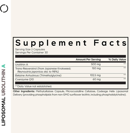 Codeage Liposomal Urolithin A Supplement 500mg Per Serving + Resveratrol, Betaine, CoQ10, Ellagitannins - A New Frontier Beyond NADH, NMN, NAD, NR, and PQQ Vitamins - Bioavailable - 60 Capsules
