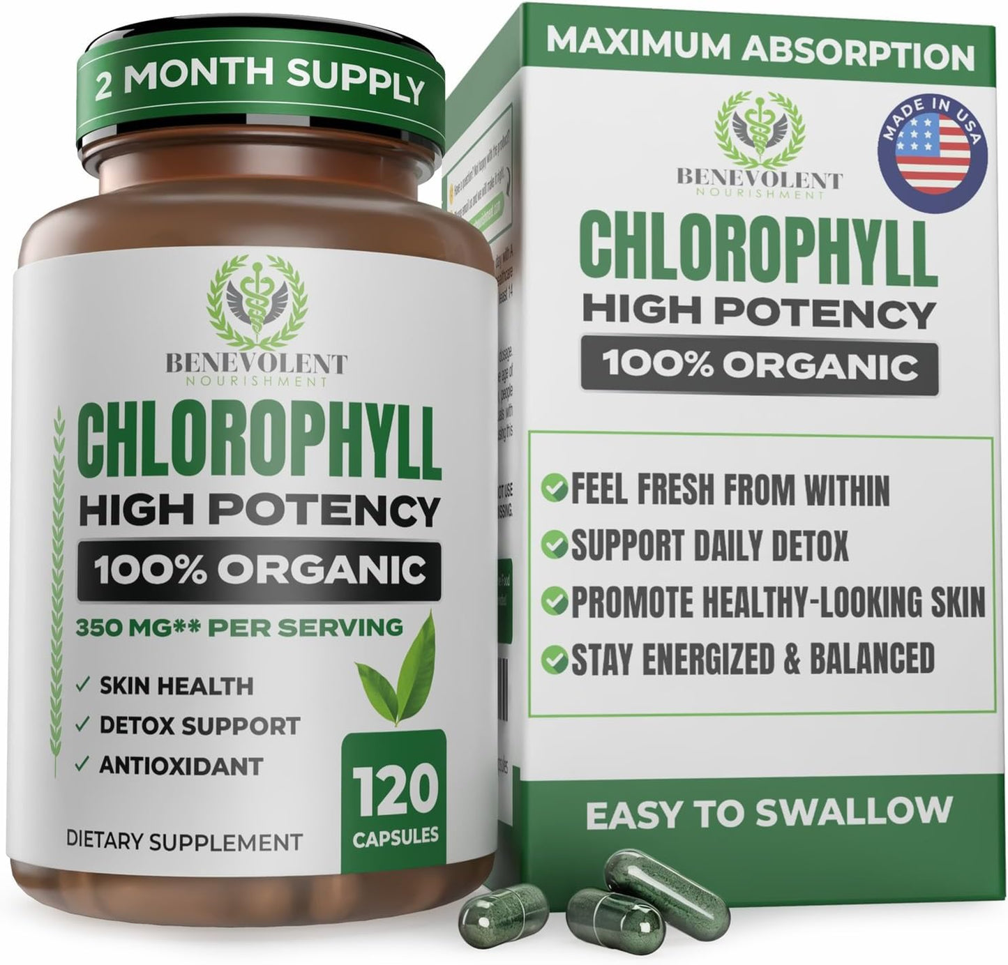 Chlorophyll Capsules 350mg – High Potency Sodium Copper Chlorophyllin Supplement for Internal Freshness, Detox, Digestion, Immune & Skin Health – Easy to Swallow – Made in USA – 120 Vegan Cap
