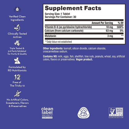 HUM Beauty zzZz Sleep Supplement Melatonin 3mg Vitamin B6 Calcium, 30 Count