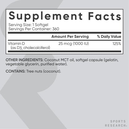 Sports Research Vitamin D3 5000 IU with Coconut MCT Oil - High Potency Vitamin D Supplement for Immune & Bone Support - Non-GMO Verified, Gluten & Soy Free – 125mcg, 360 Liquid Softgels