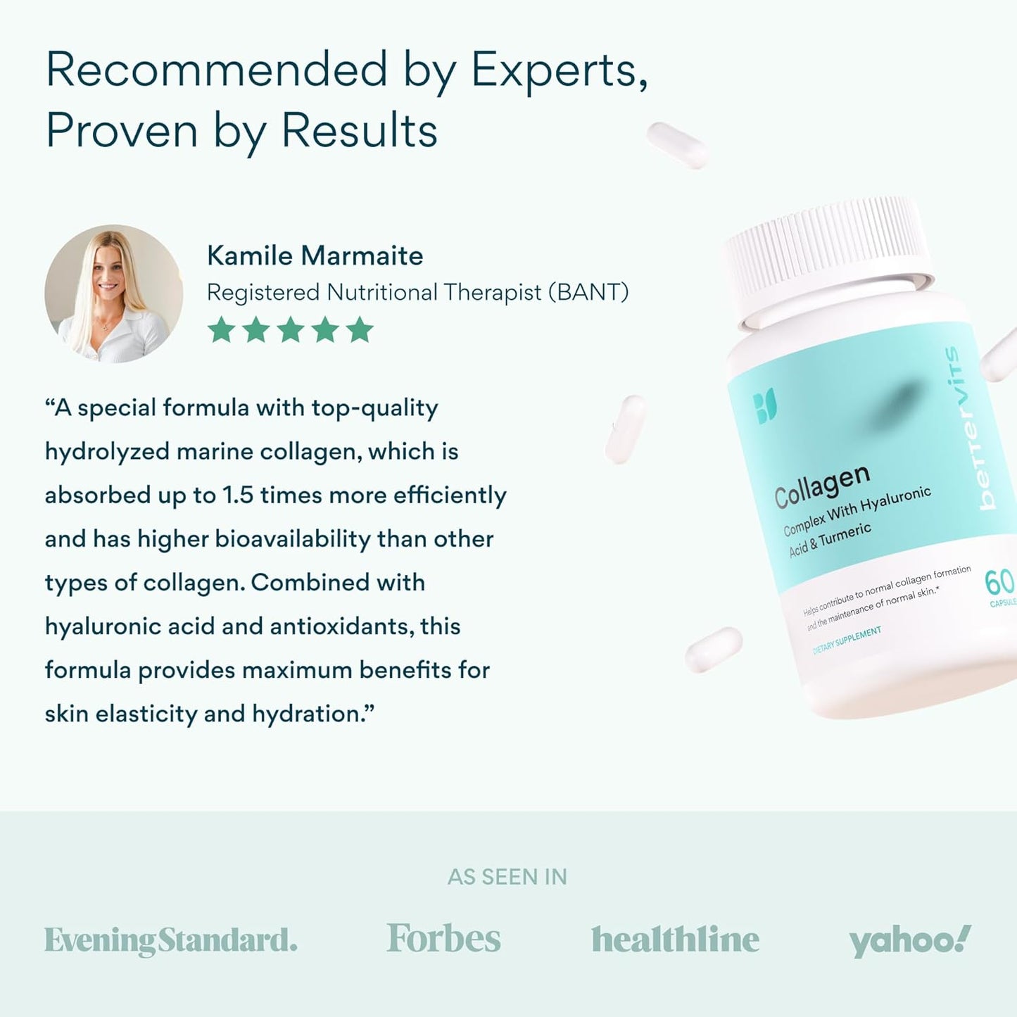Bettervits Collagen Peptides Complex with Hyaluronic Acid & Turmeric | Hydrolyzed Marine Collagen Supplements for Women & Men | Collagen with Vitamin C for Skin, Hair, Nails & Joints – 60 Capsules