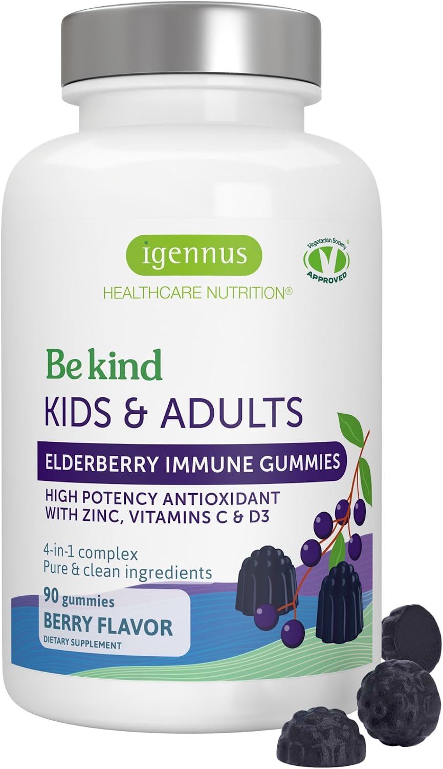 Igennus Advanced Elderberry Immune Gummies with Vitamin C, Zinc & D3, 4-in-1 Formula, 90 Gummies, 75:1 Concentration Standardized Extract, Natural Flavors, Clean Label, Vegetarian, Kids and Adults