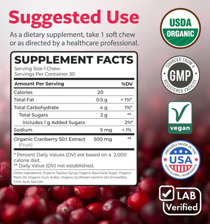 Organic Cranberry Pills - Vegan Supplement for Urinary Tract Health & Kidney Cleanse - Cranberry Pills for Women 500mg 50:1 Cranberry Concentrate Per Serving - Urinary Tract Support - 60 Capsules